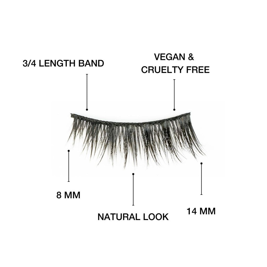 3/4 length band. Vegan cruelty free false lashes. soft cotton flexible lash band. natural  everyday look.