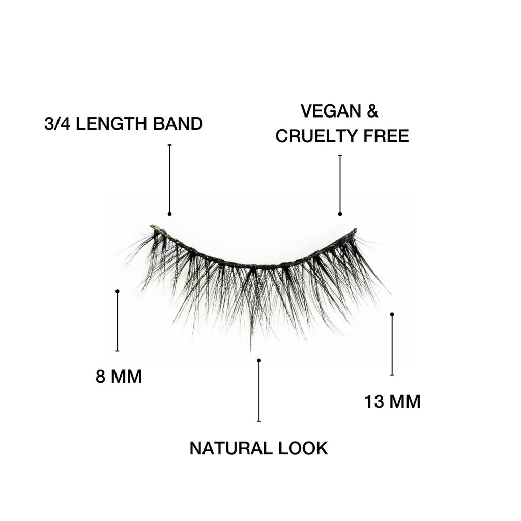3/4 length band. Vegan cruelty free false lashes. soft cotton flexible lash band. natural  everyday look.